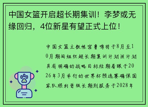 中国女篮开启超长期集训！李梦或无缘回归，4位新星有望正式上位！