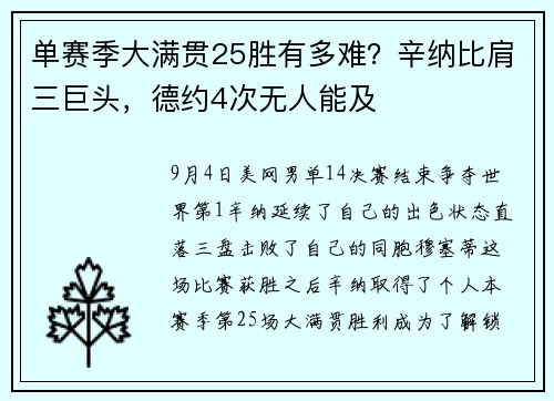 单赛季大满贯25胜有多难？辛纳比肩三巨头，德约4次无人能及
